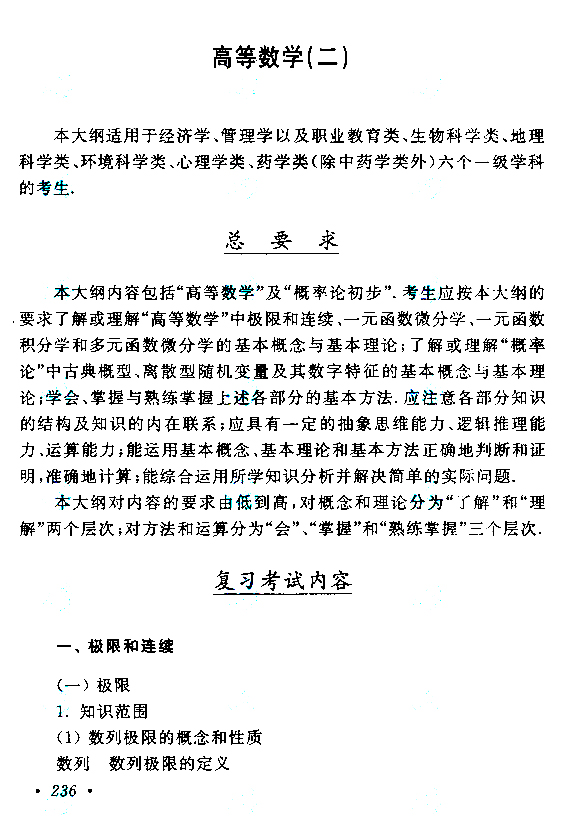 2019年上海市成人高考专升本《高等数学（二）》考试大纲