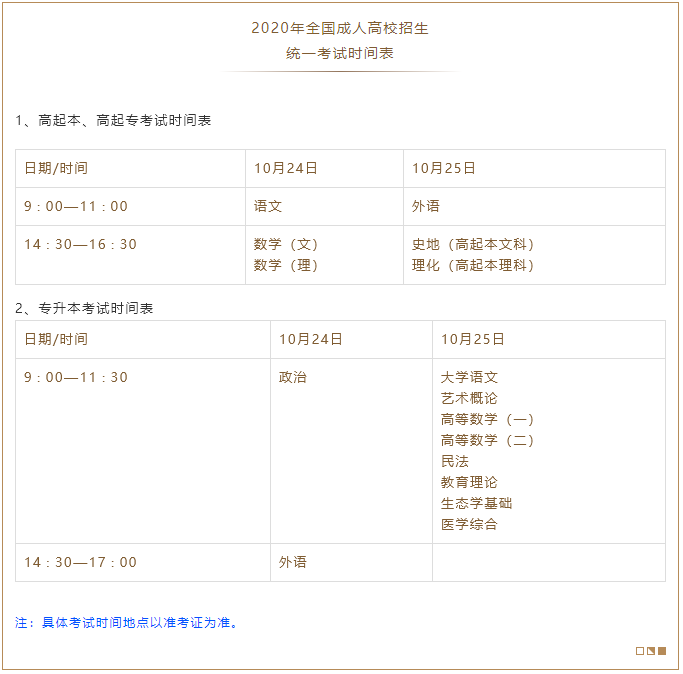 上海市成人高考入学考试时间及考试科目